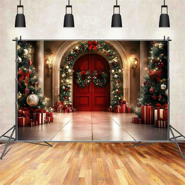 Toile de fond Noël Porte Rouge Guirlande Lumineuse GQ57-43