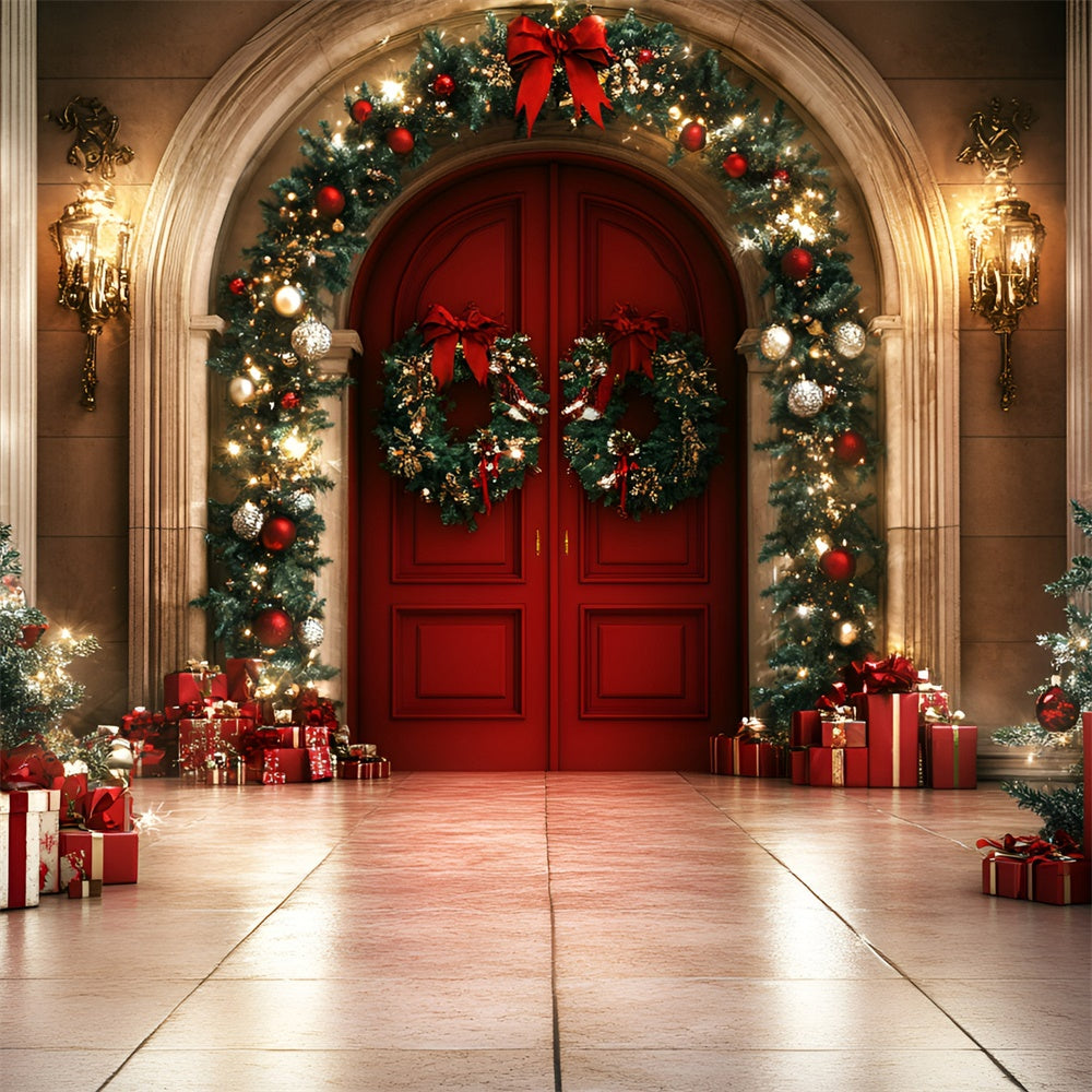 Toile de fond Noël Porte Rouge Guirlande Lumineuse GQ57-43