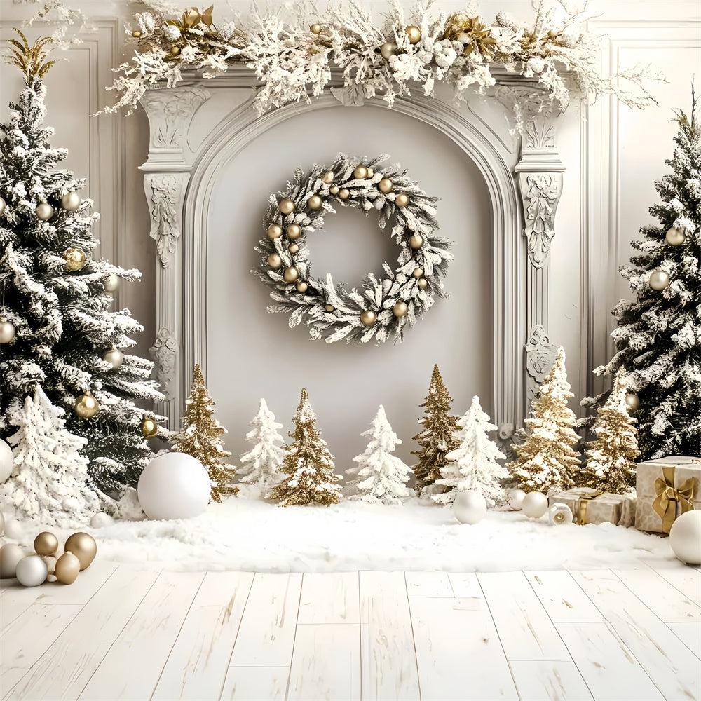 Toile de fond Noël Cheminée Hivernale Sapin Doré GQ57-46