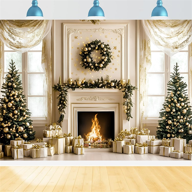 Toile de fond de Noël Cheminée Or Blanc de Noël GQ57-48