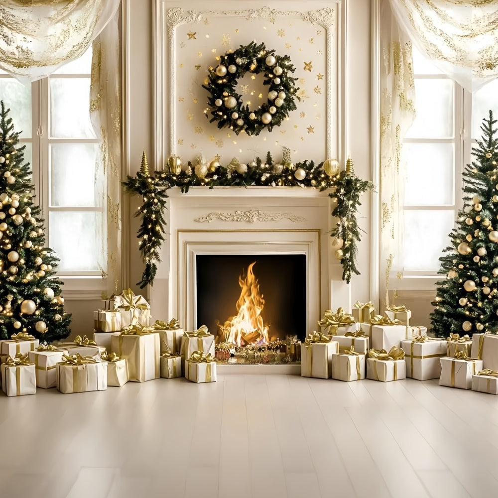Toile de fond de Noël Cheminée Or Blanc de Noël GQ57-48