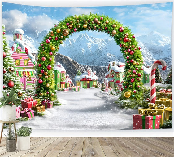 Toile de fond de Noël Village Arche Rue de Bonbons GQ57-6