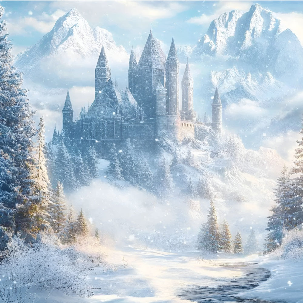 Toile de fond Forêt Neige Château Glacé Enchanté GQ57-66