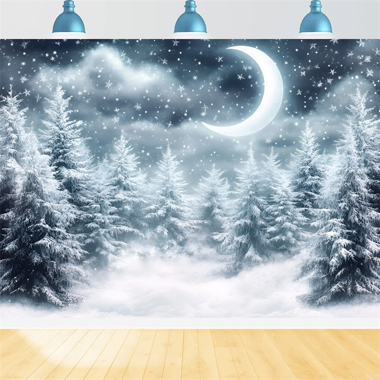 Toile de fond Photo Forêt Hiver Croissant Nuit Neige GQ57-67