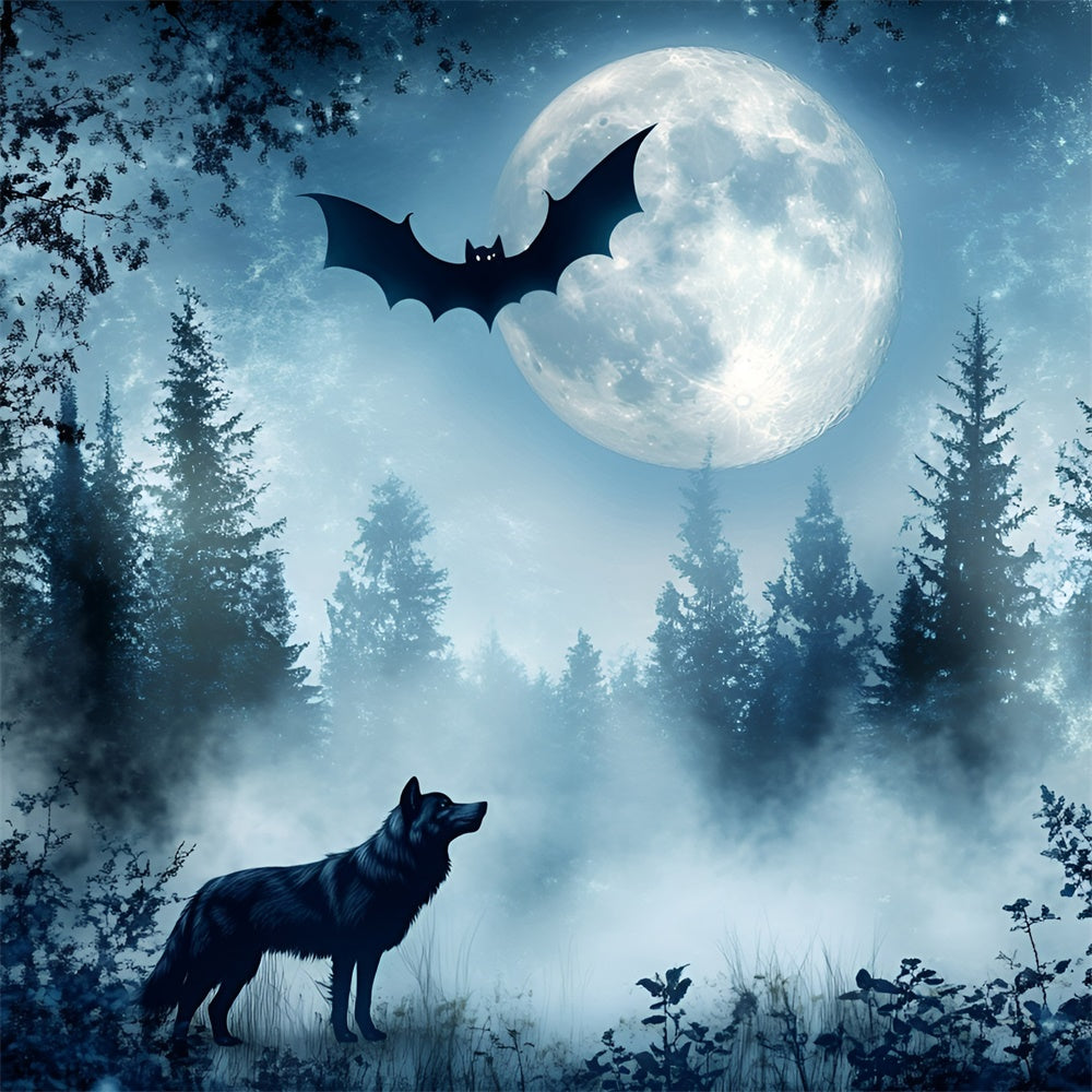 Toile de fond Forêt Effrayante Loup Chauve-Souris Crépuscule GQ57-82