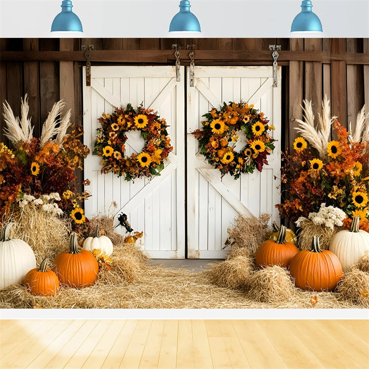 Toile de fond Déco Automne Porte Grange Citrouilles Foin Couronne GQ57-95