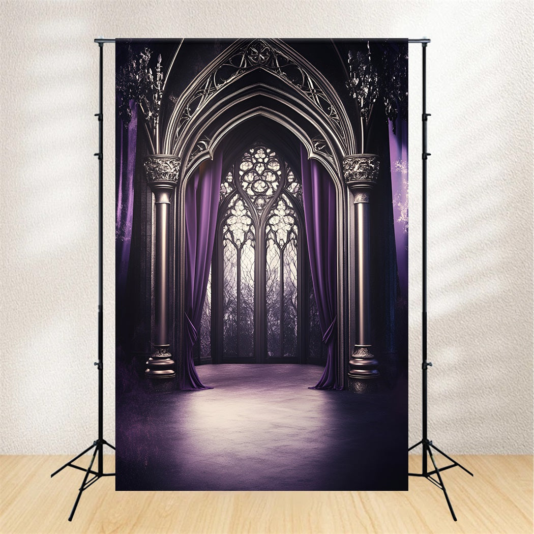 Fond Photo Vintage Fenêtre Cintrée Cathédrale Drapée Violette GQ58-113