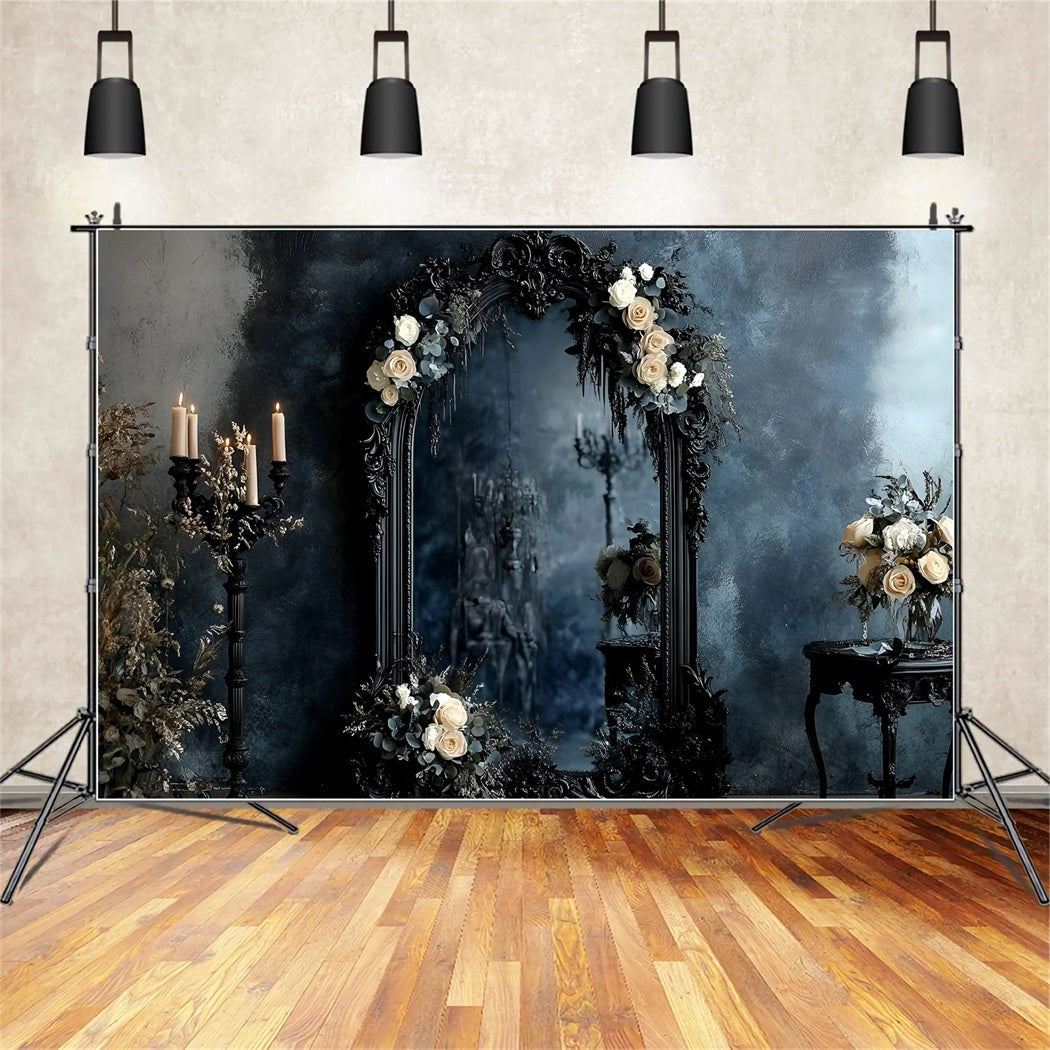 Fond Photo Vintage Miroir Orné Noir Roses Ivoire GQ58-115