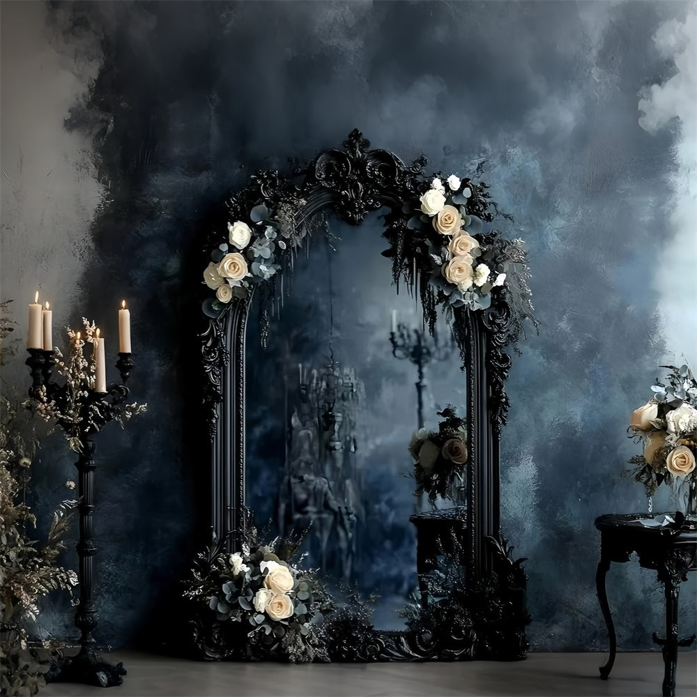 Fond Photo Vintage Miroir Orné Noir Roses Ivoire GQ58-115
