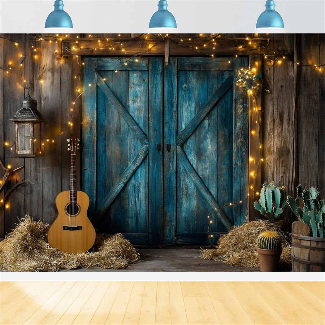 Toile de fond Vintage Portes De Grange Bleues Rustiques Guitare Cactus GQ58-119
