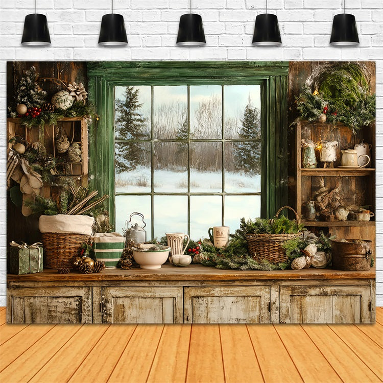 Toile de fond Vintage Fenêtre Cuisine Hivernale Douillette Verdure Festive GQ58-121