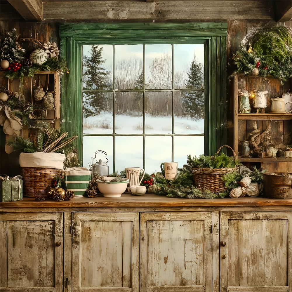 Toile de fond Vintage Fenêtre Cuisine Hivernale Douillette Verdure Festive GQ58-121