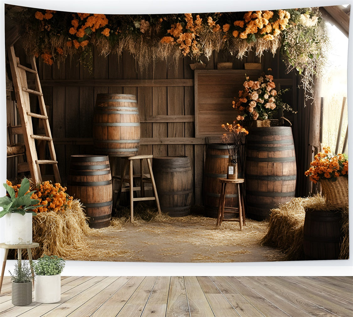Toile de fond Photo Vintage Barils De Grange Rustiques Arrangements Floraux Oranges GQ58-122