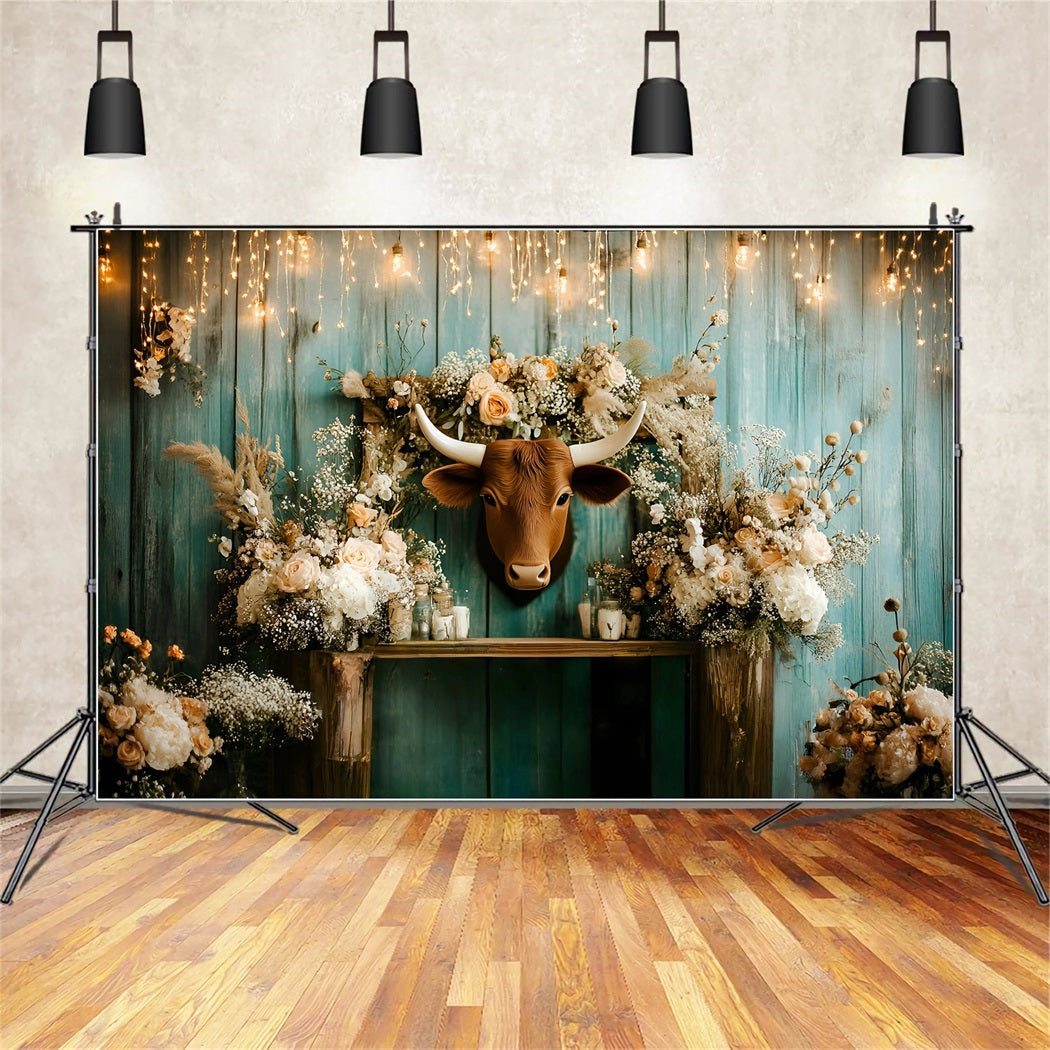 Toile de fond Photo Vintage Arrangement Mural Rustique Floral Longhorn GQ58-123