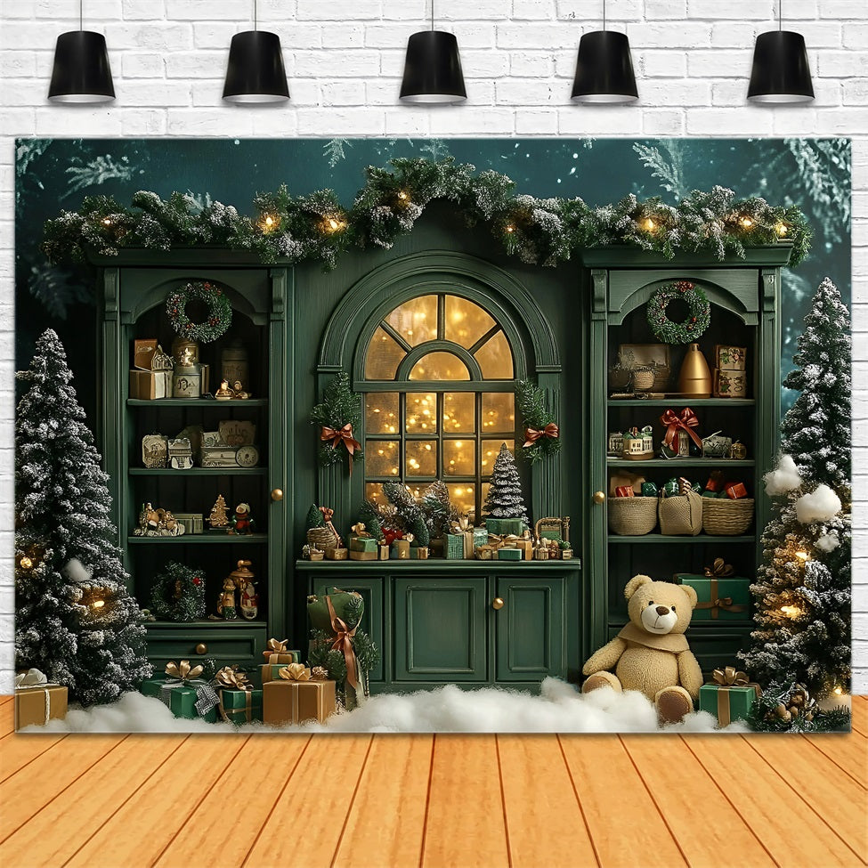 Toile de fond photo Noël Étagère Verte Vintage et Ours Mignon GQ58-15