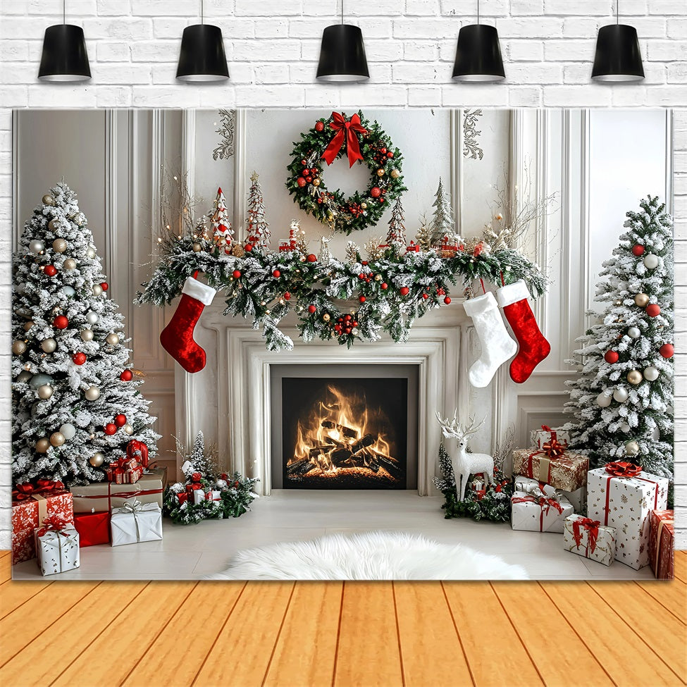 Toile de fond photo Noël Cheminée Mur Blanc Moderne GQ58-16
