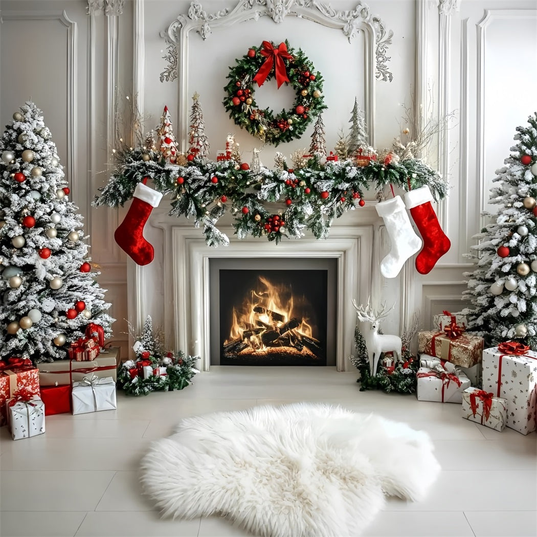 Toile de fond photo Noël Cheminée Mur Blanc Moderne GQ58-16