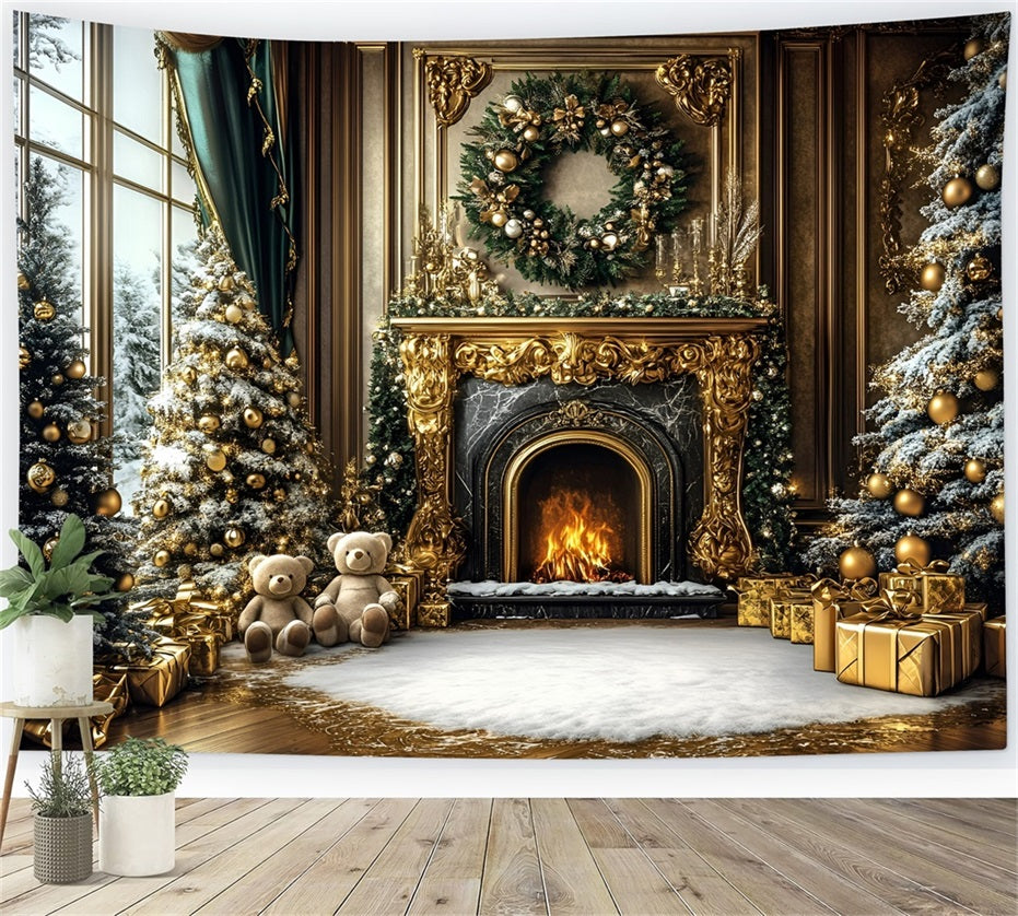 Toile de fond Noël Cheminée Mur Doré de Luxe et Ours GQ58-17
