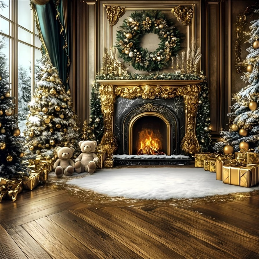 Toile de fond Noël Cheminée Mur Doré de Luxe et Ours GQ58-17