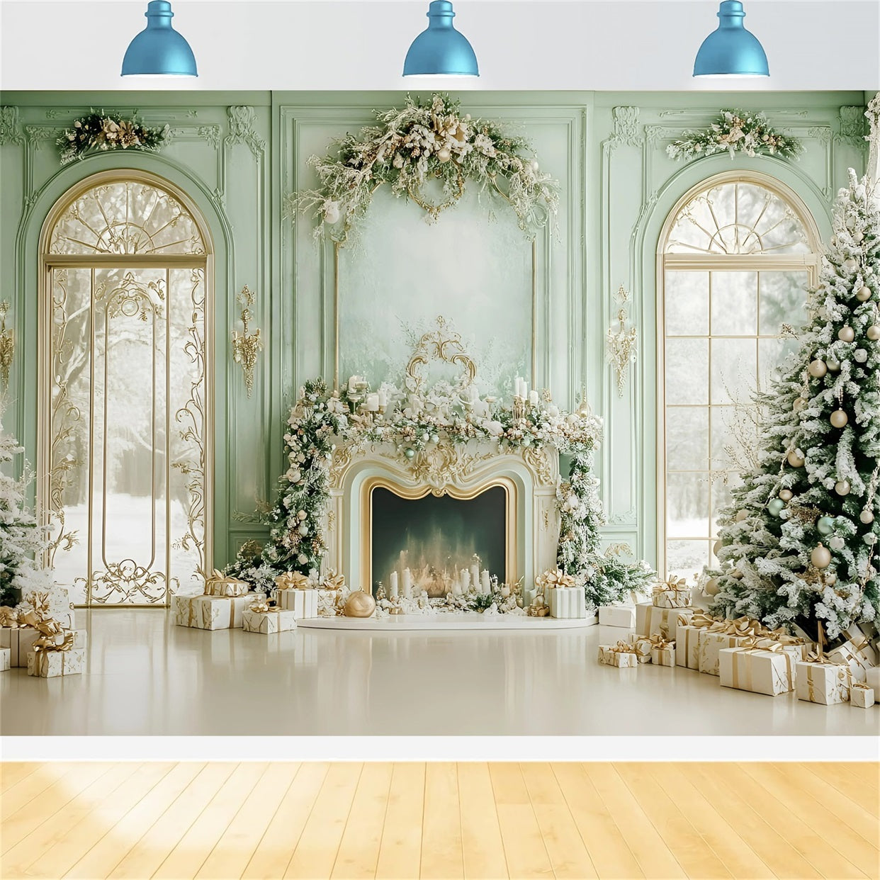 Toile de fond Noël Fenêtres Enneigées Vert Frais GQ58-19