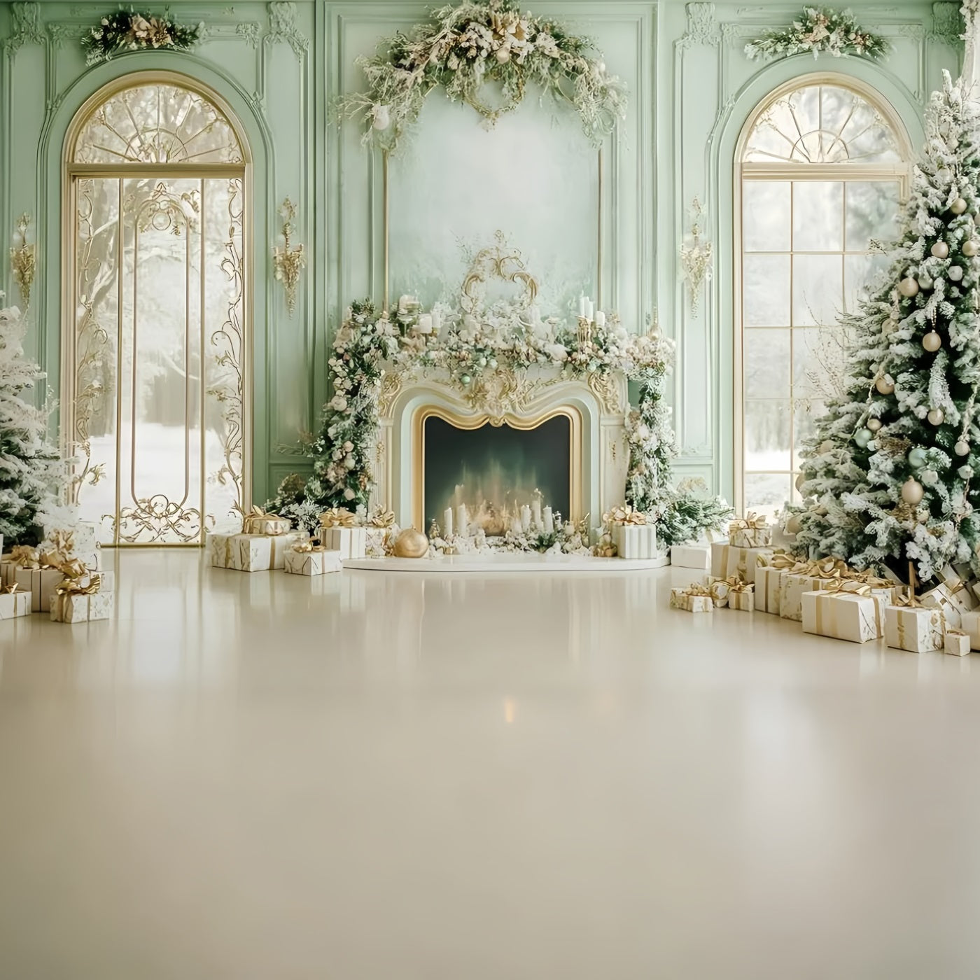 Toile de fond Noël Fenêtres Enneigées Vert Frais GQ58-19