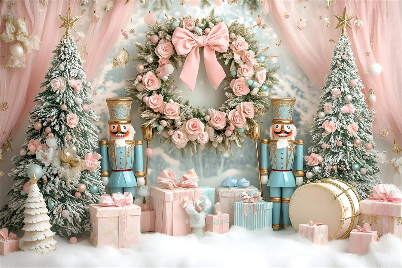Toile de fond Noël Couronne Rose avec Nœud et Fleur GQ58-22
