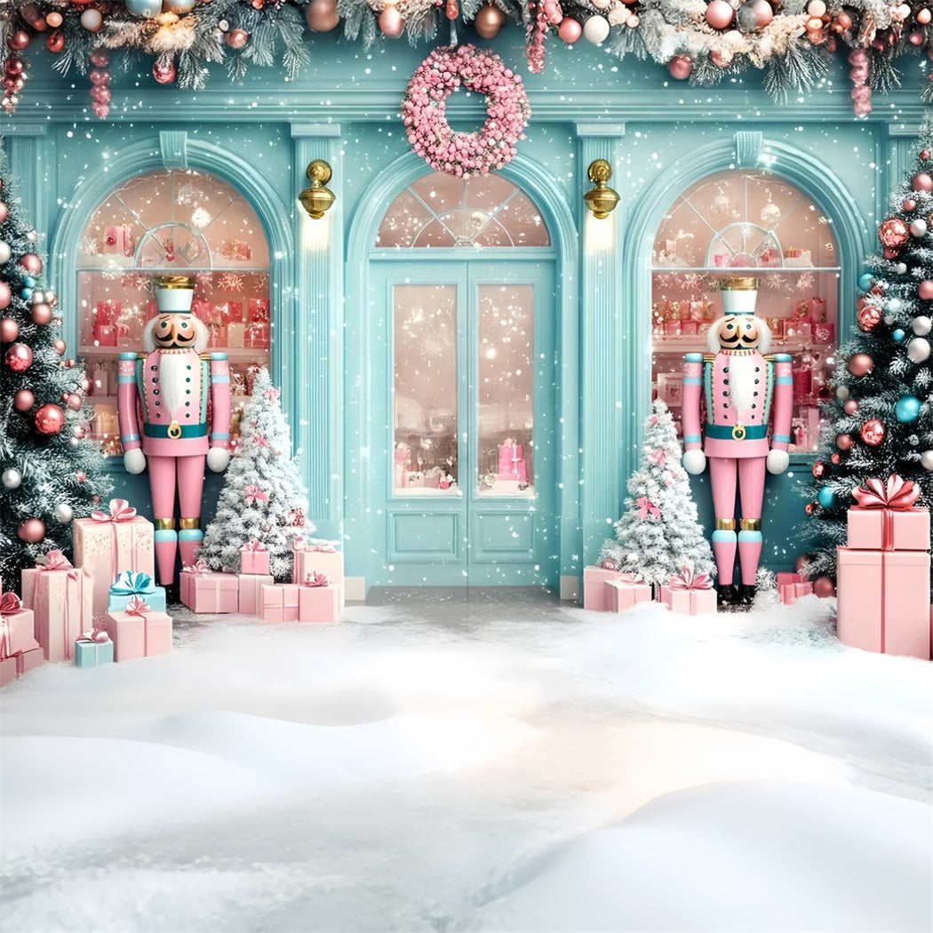 Toile de fond photo Noël Devanture Enneigée Casse-Noisette Pastel GQ58-25