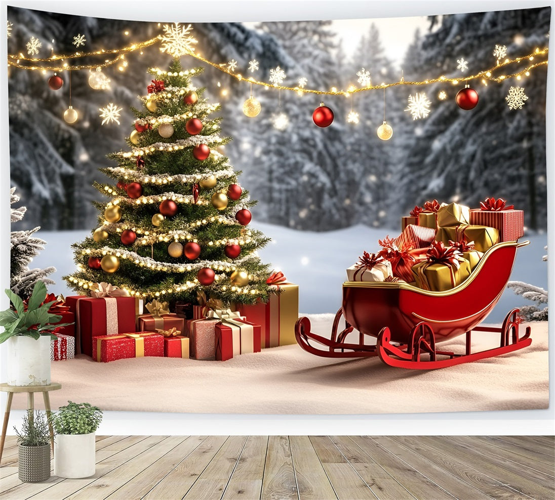 Toile de fond Noël Traîneau Rouge et Cadeaux Dorés GQ58-27