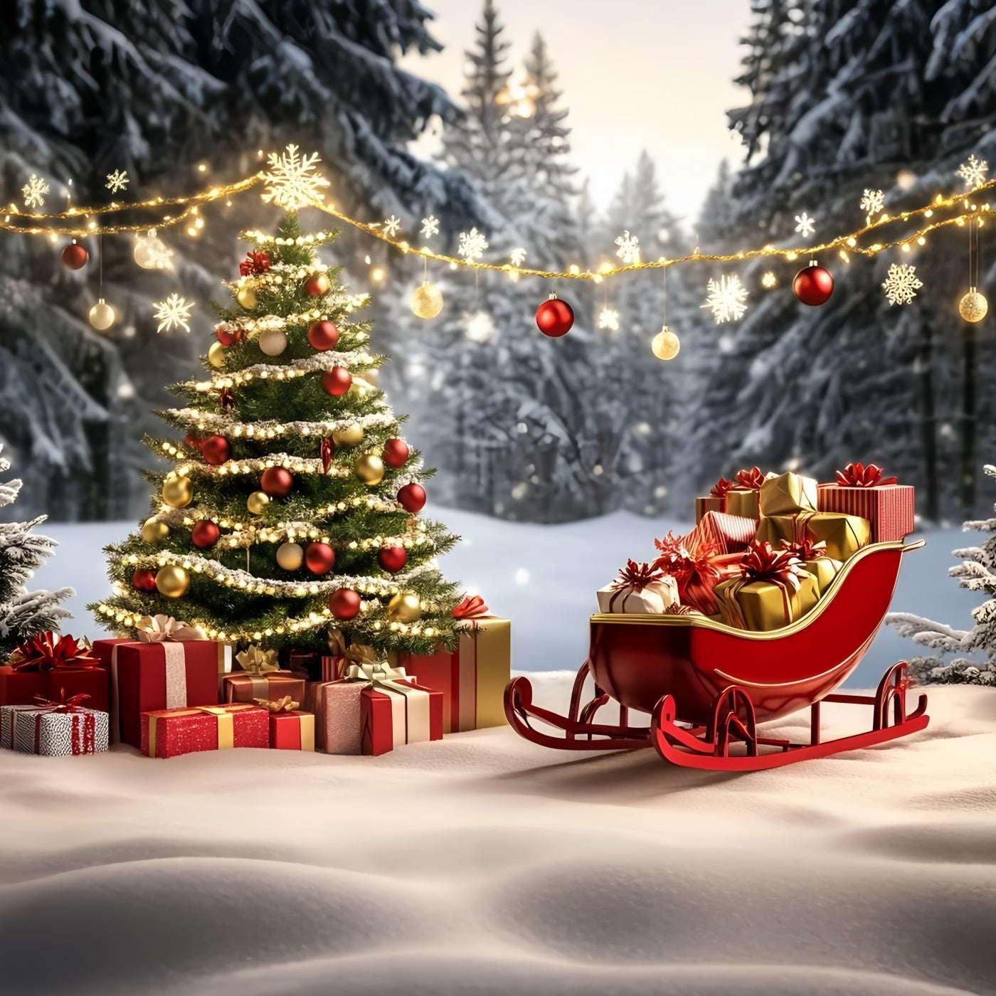 Toile de fond Noël Traîneau Rouge et Cadeaux Dorés GQ58-27