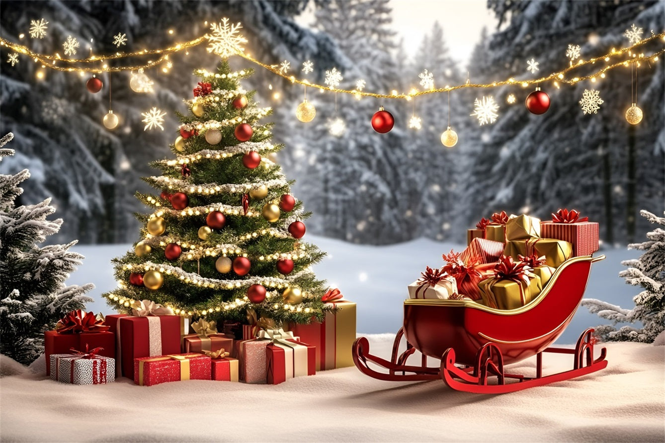 Toile de fond Noël Traîneau Rouge et Cadeaux Dorés GQ58-27