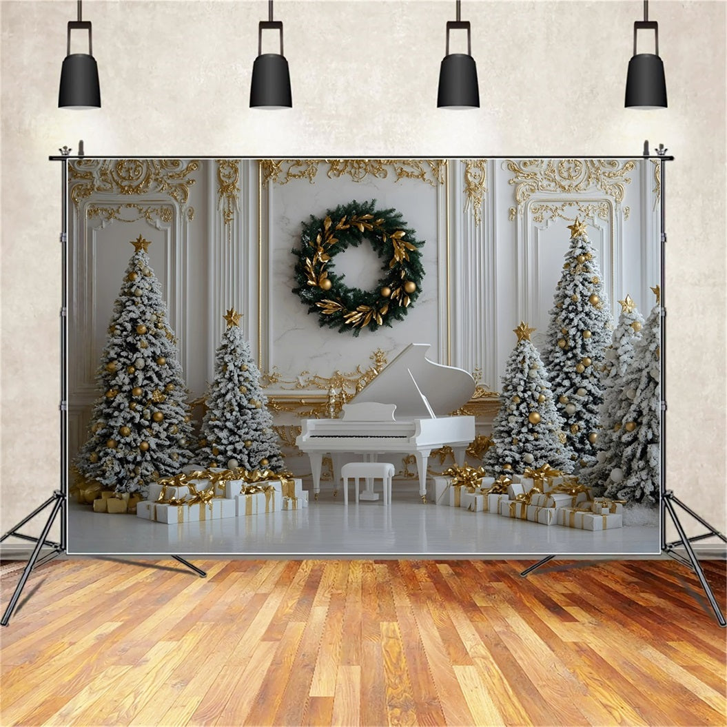 Toile de fond photo Noël Piano Blanc et Décor Doré GQ58-28