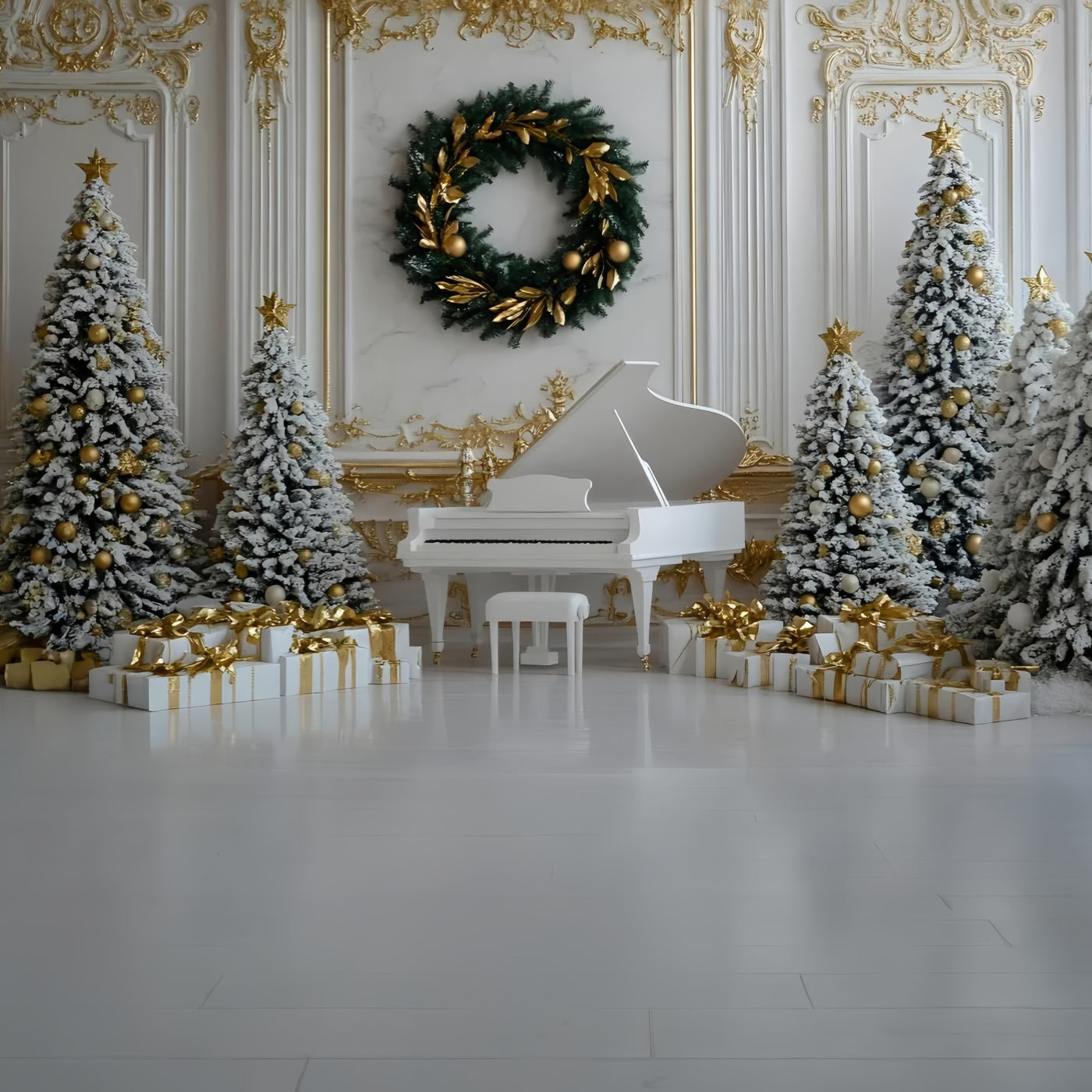 Toile de fond photo Noël Piano Blanc et Décor Doré GQ58-28