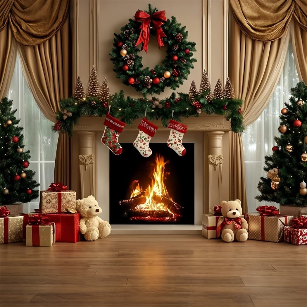 Toile de fond photo Noël Cheminée avec Couronne et Ours Cadeaux GQ58-29