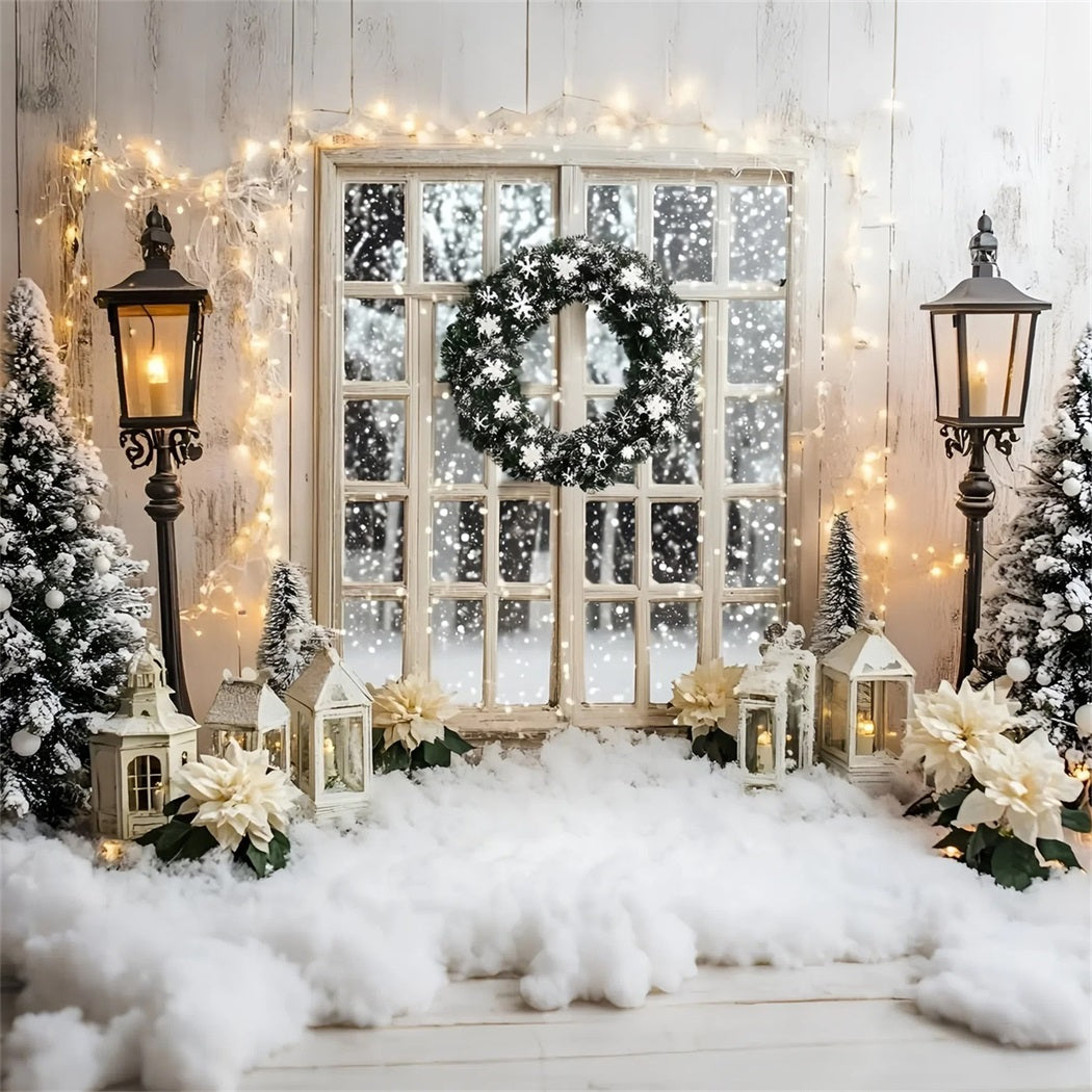 Toile de fond Noël Fenêtre Enneigée et Couronne Lumineuse Blanche GQ58-3