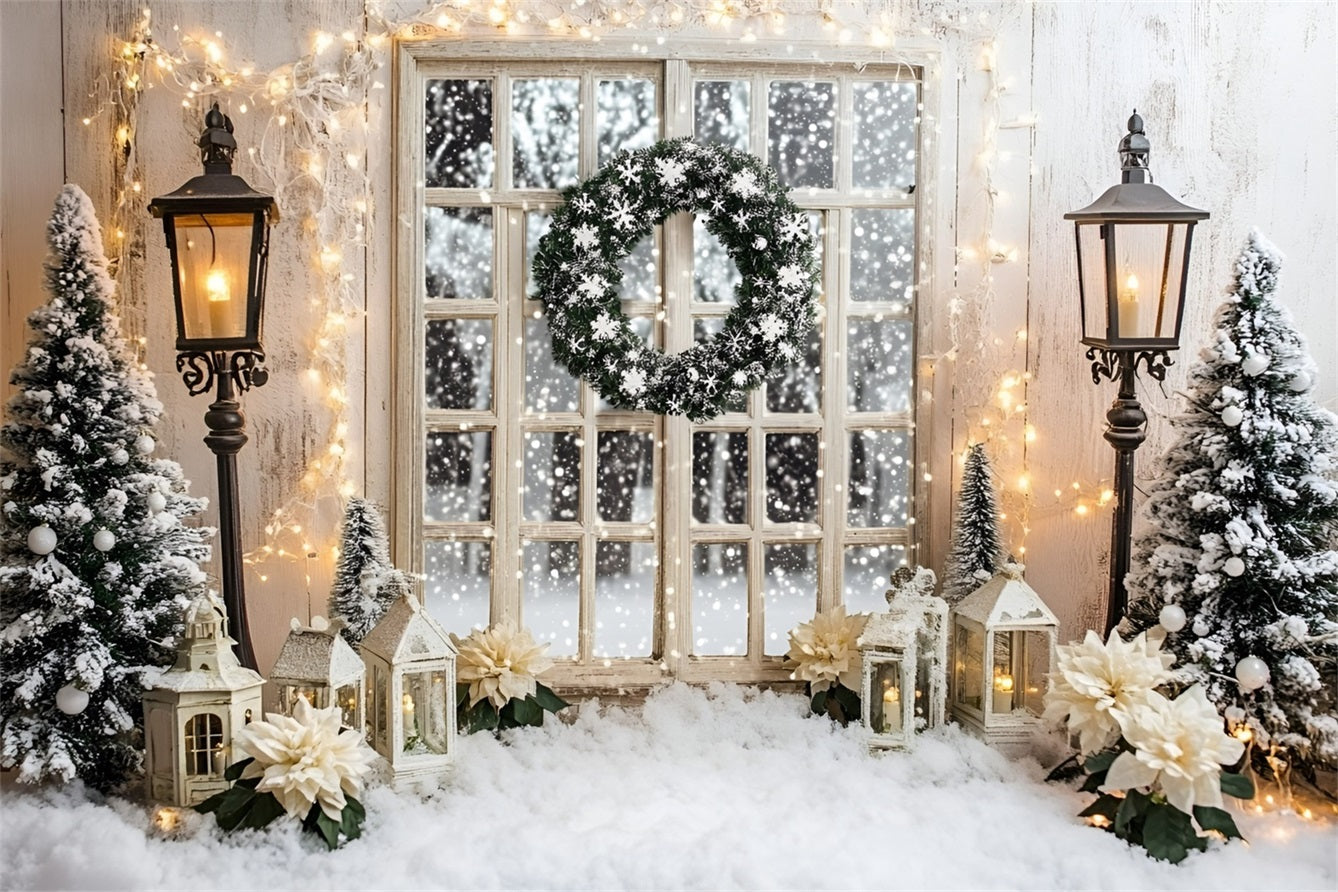 Toile de fond Noël Fenêtre Enneigée et Couronne Lumineuse Blanche GQ58-3