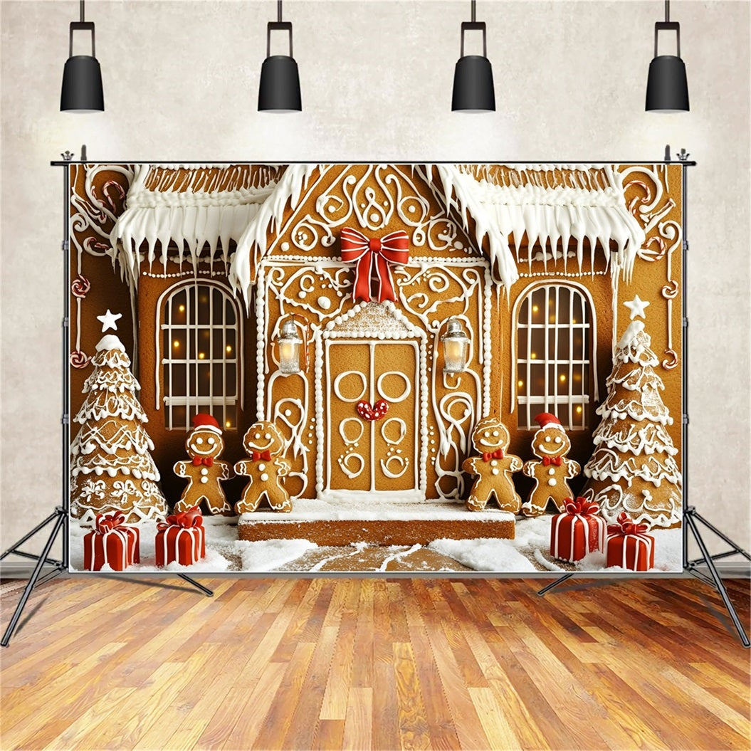 Toile de fond Noël Manoir Biscuit Givré avec Cadeaux GQ58-33