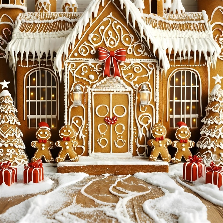 Toile de fond Noël Manoir Biscuit Givré avec Cadeaux GQ58-33
