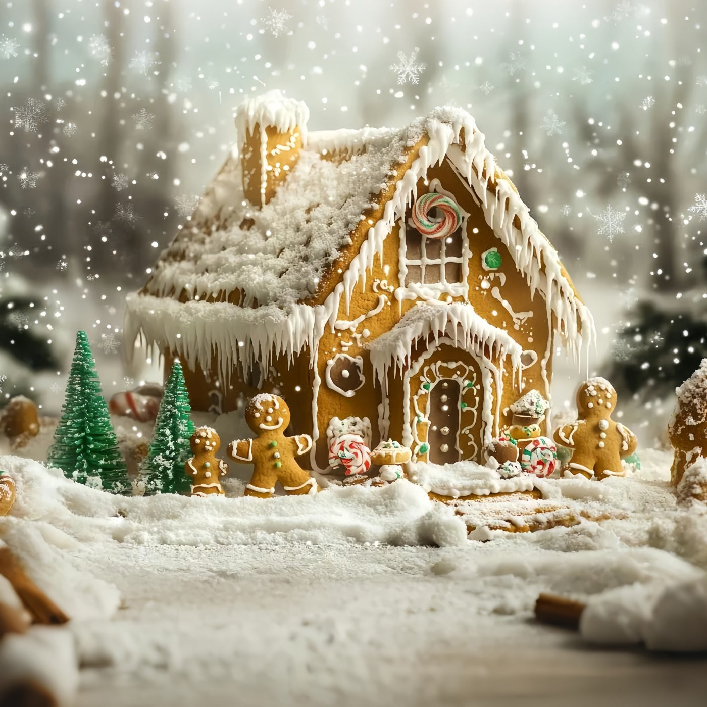 Toile de fond Noël Maison Familiale Pain d’Épices Enneigée 10x10 GQ58-35