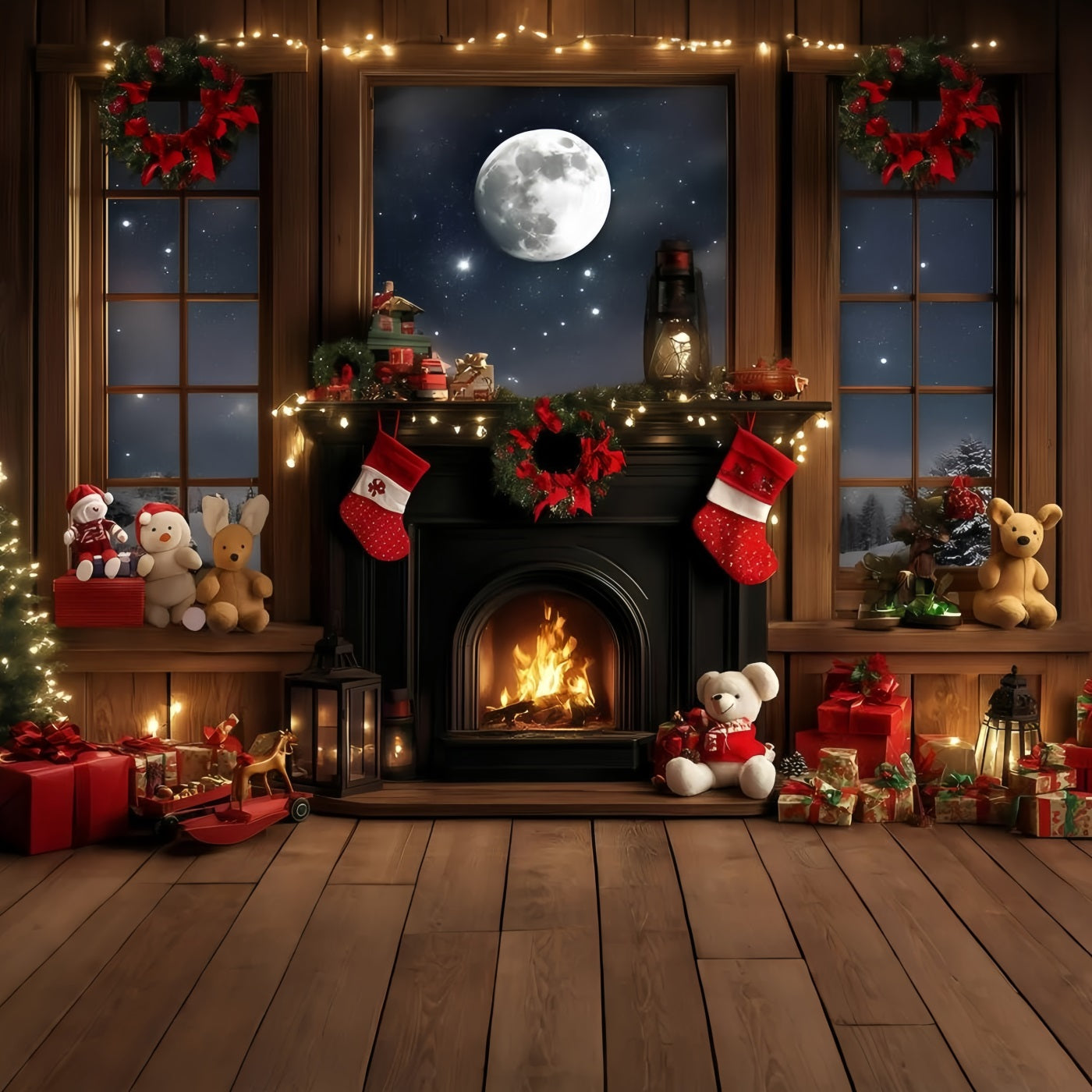 Toile de fond Noël Cheminée Douillette Clair de Lune 10x10 GQ58-36