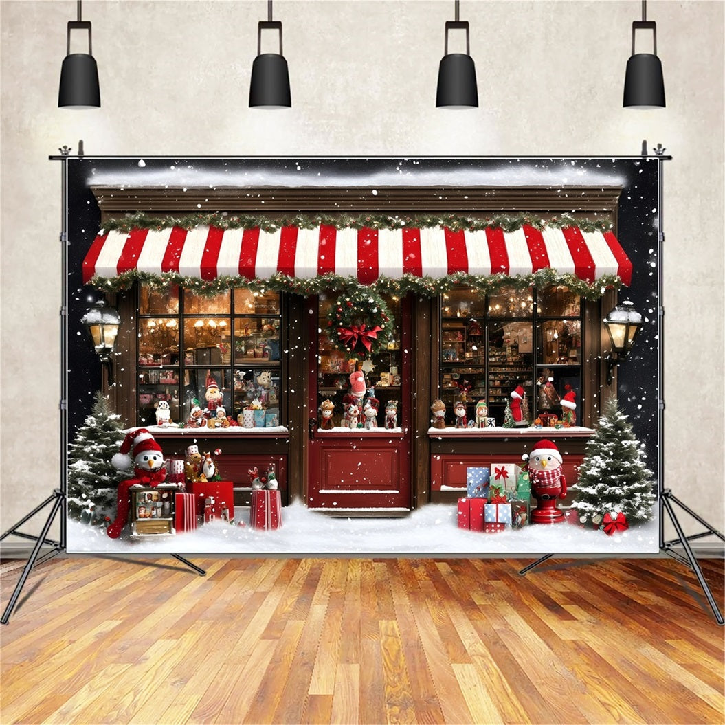 Toile de fond photo Noël Boutique de Jouets Enneigée avec Store Rayé GQ58-38