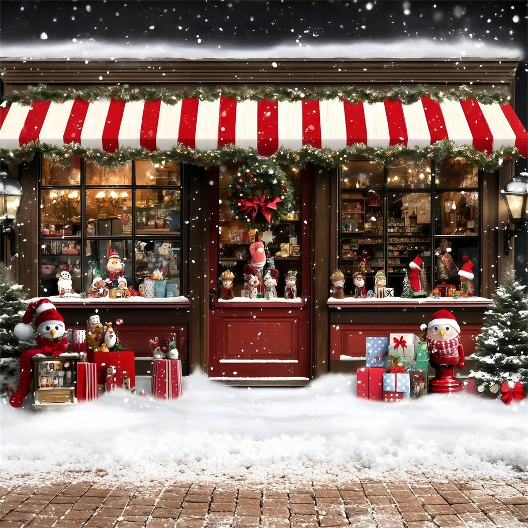 Toile de fond photo Noël Boutique de Jouets Enneigée avec Store Rayé GQ58-38