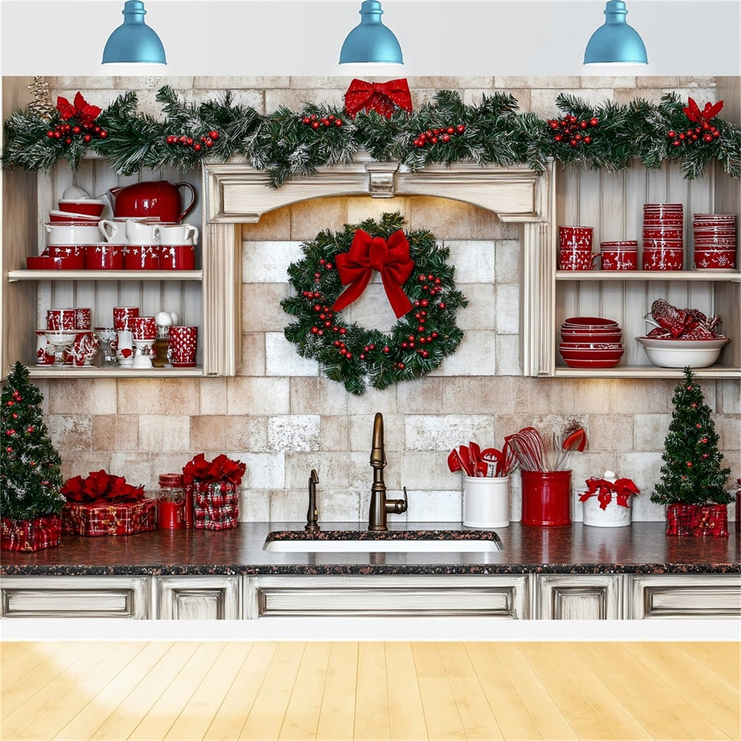 Toile de fond Noël Cuisine Rouge avec Vaisselle Festive GQ58-39