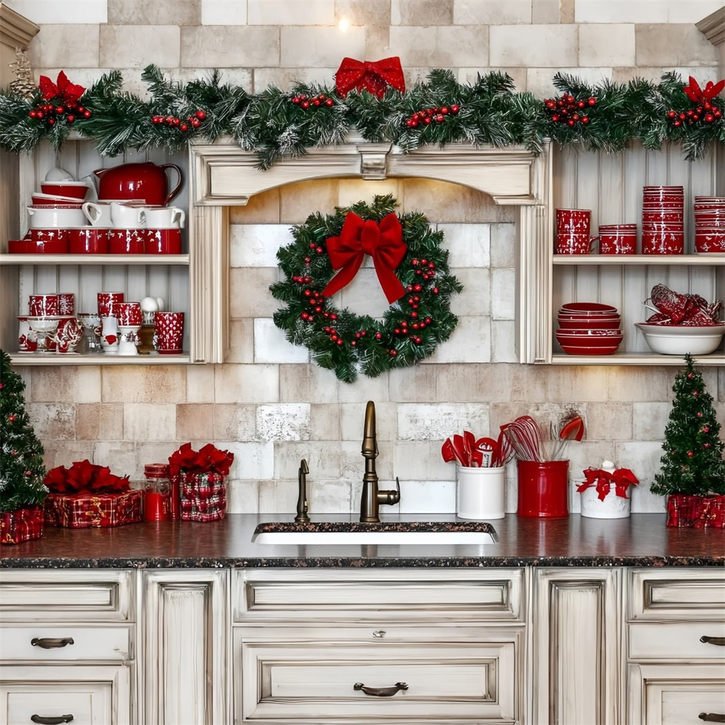 Toile de fond Noël Cuisine Rouge avec Vaisselle Festive GQ58-39