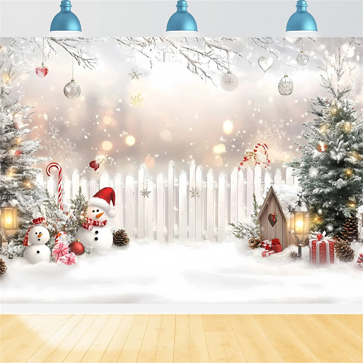 Toile de fond Noël Bonhomme de Neige Sucre d’Orge et Clôture Blanche GQ58-4