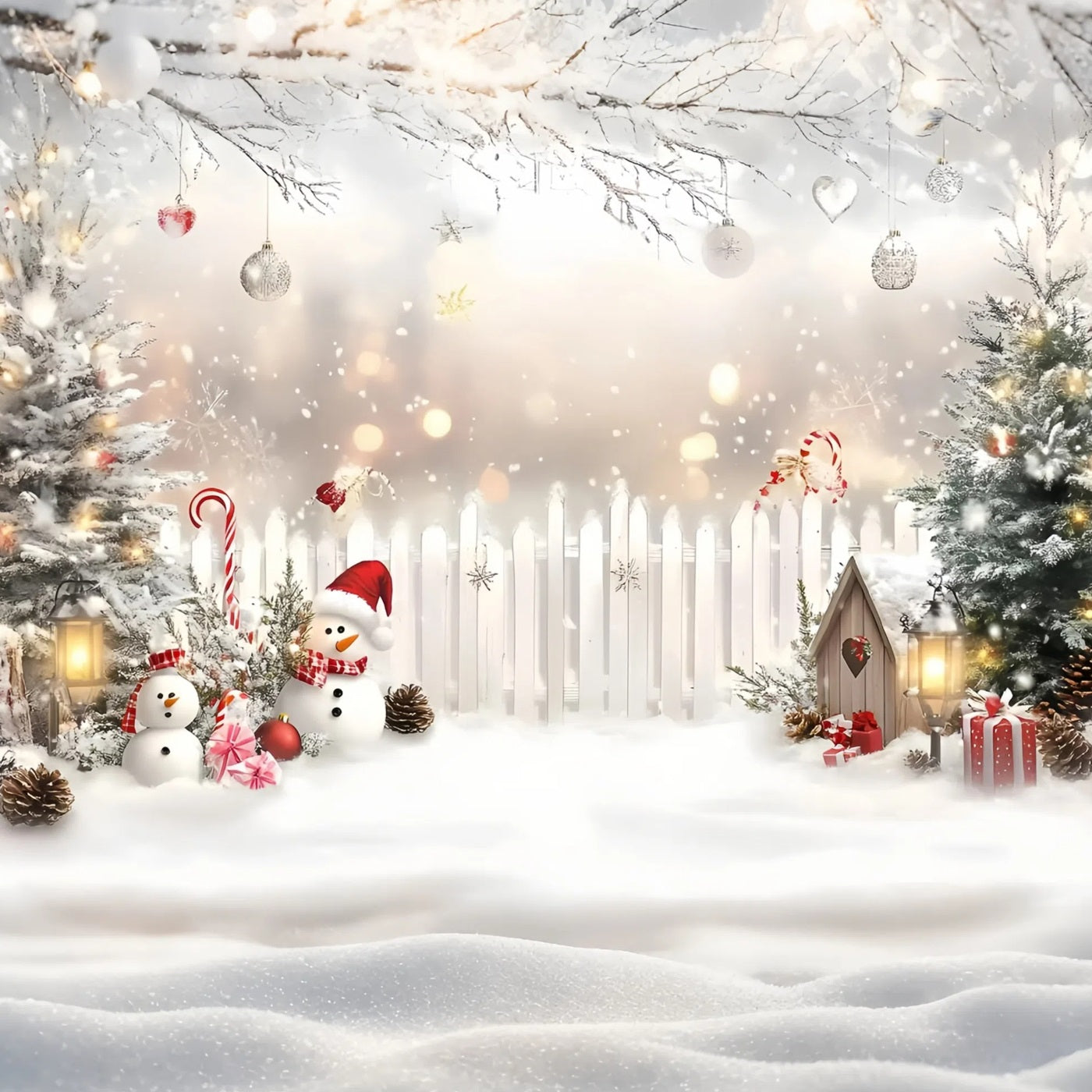 Toile de fond Noël Bonhomme de Neige Sucre d’Orge et Clôture Blanche GQ58-4