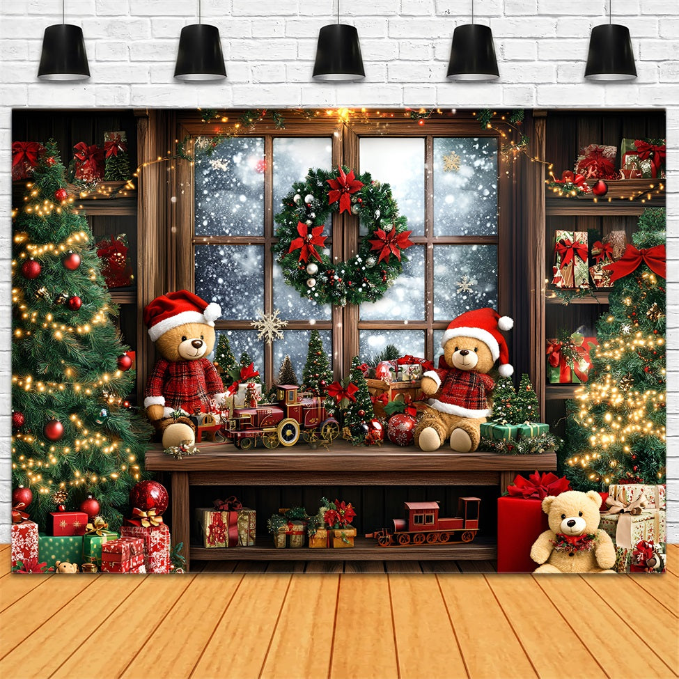 Toile de fond photo Noël Train Ours et Vitrine Cadeaux GQ58-40