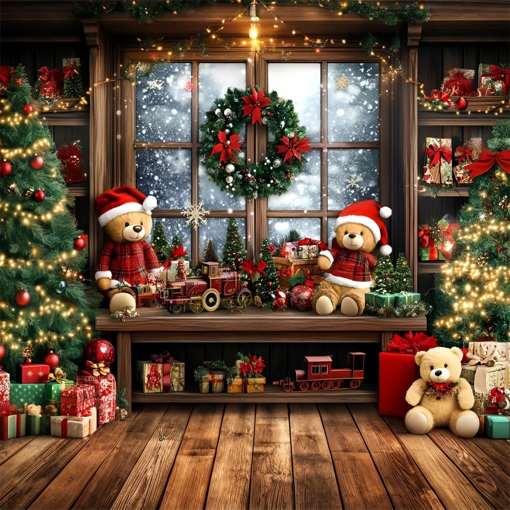 Toile de fond photo Noël Train Ours et Vitrine Cadeaux GQ58-40