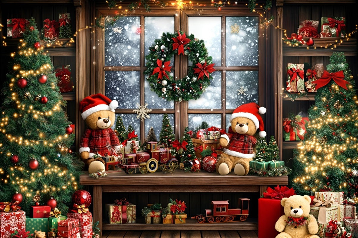 Toile de fond photo Noël Train Ours et Vitrine Cadeaux GQ58-40