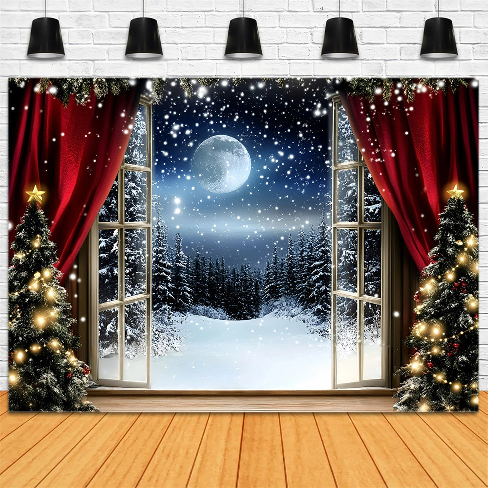 Toile de fond Noël Rideau Rouge et Nuit de Neige GQ58-41