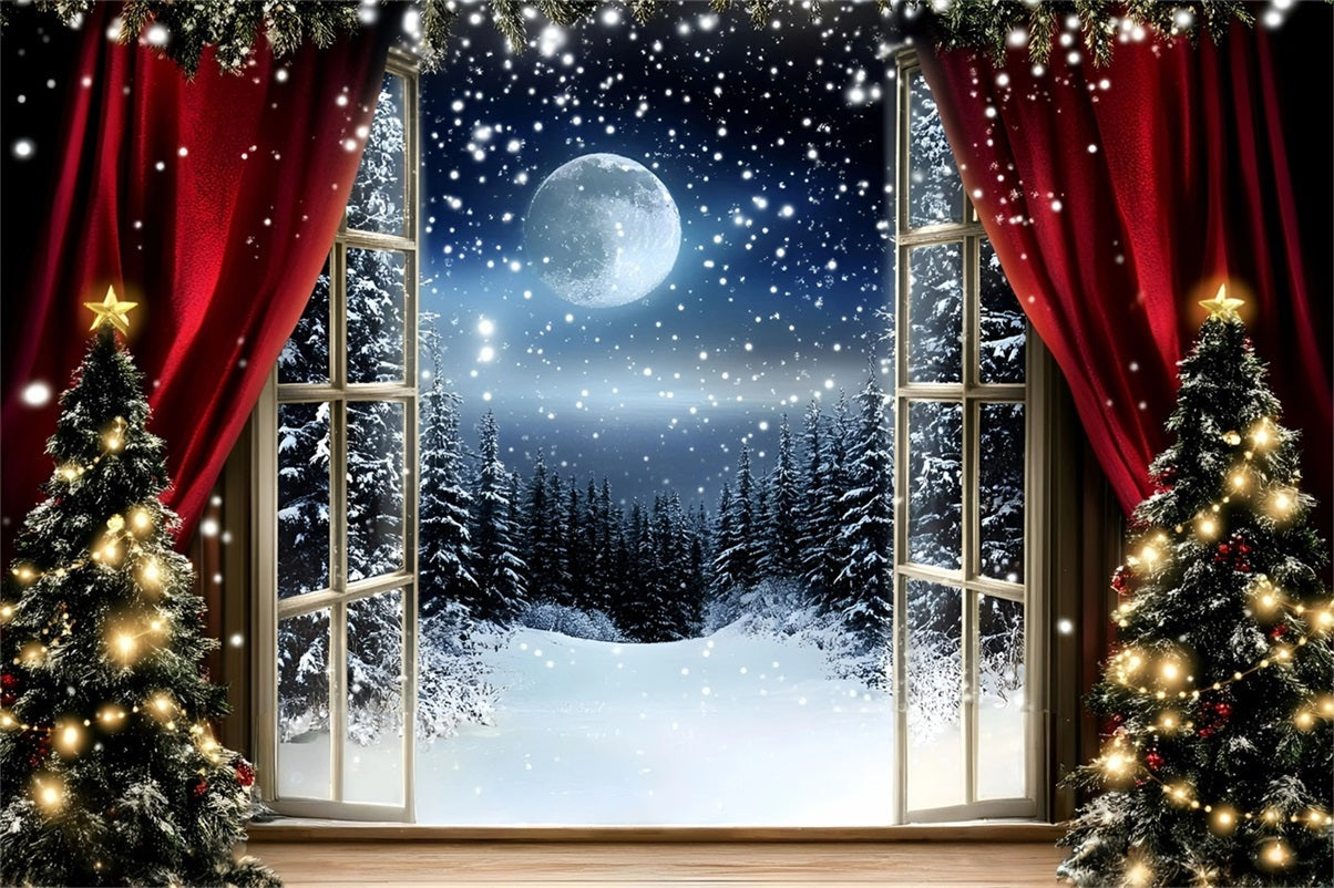 Toile de fond Noël Rideau Rouge et Nuit de Neige GQ58-41